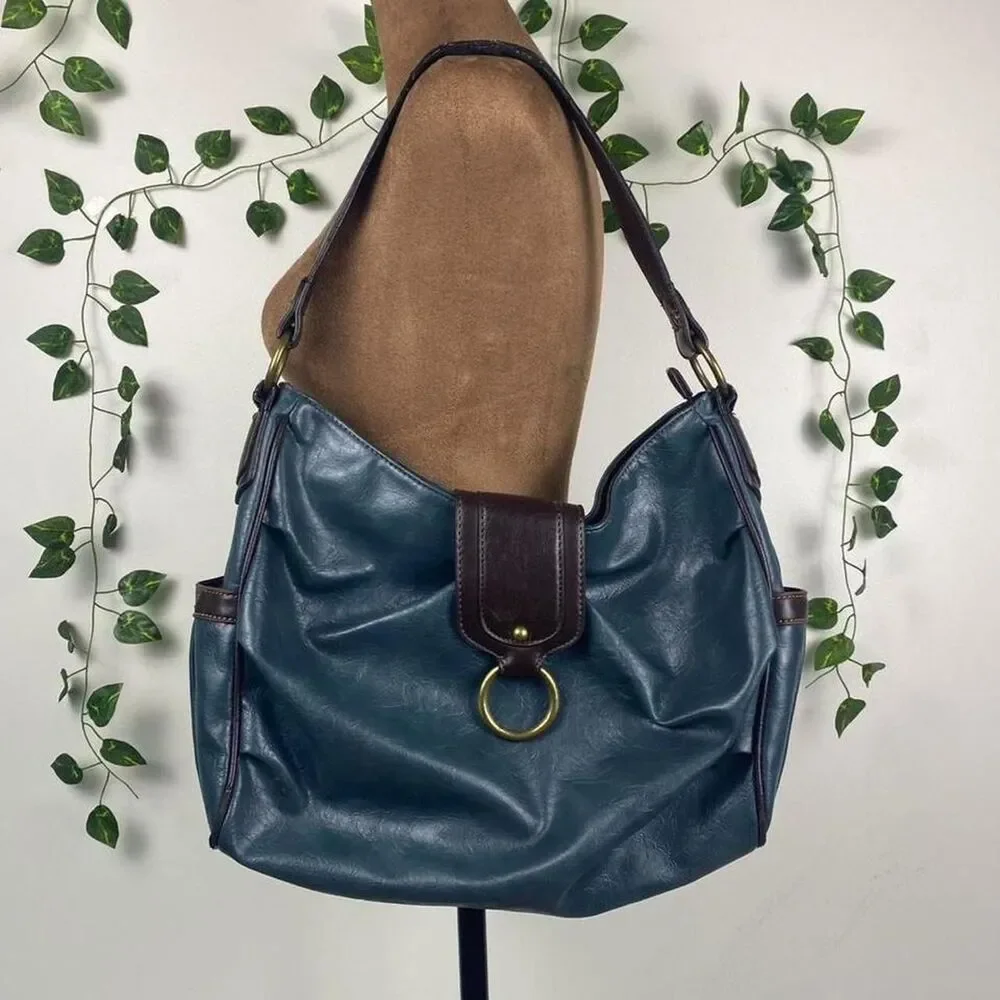 Nine &co by Nine West leather slouchy hobo bag teal brown fairy grunge indie y2k